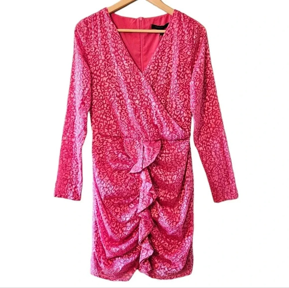 Forest lily Printed Ruched Animal Print Long Sleeve Feminine Mini Dress Pink 6. - Picture 1 of 16